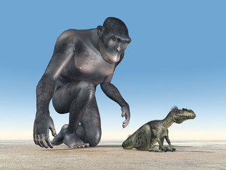 Homo habilis und der Dinosaurier Megalosaurus