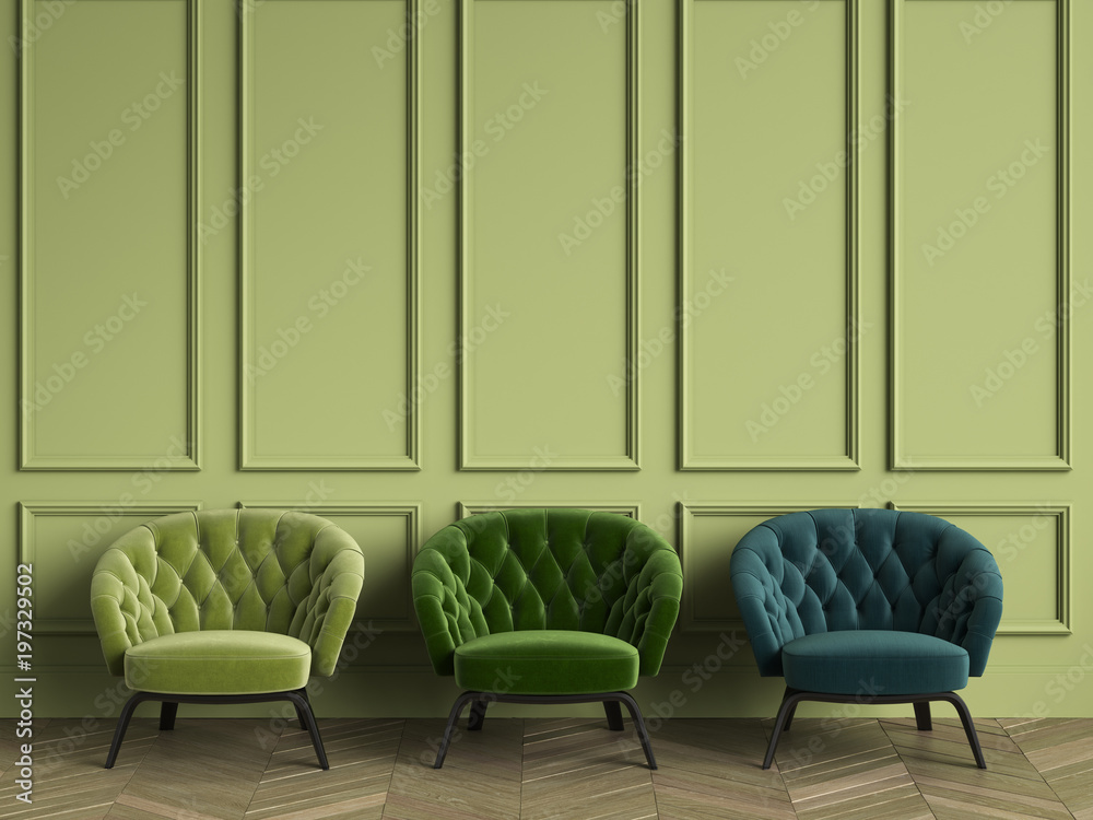 Wall mural 3 tufted green armchairs in classic interior with copy space.green walls with mouldings. floor parqu