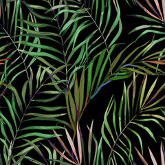 Botanical exotic seamless pattern, green tropical leaves, summer vector illustration on black background