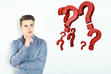 young businessman thinking with question marks