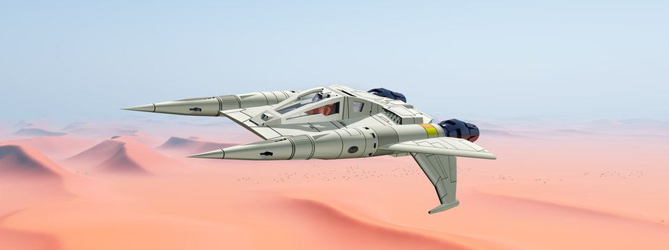 Raumfahrzeug über einer Sandwüste