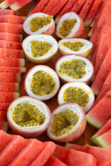 Passion fruit and watermelon slices served on a tray in Rarotonga, cook Islands