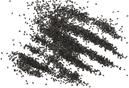 Black organic sesame seeds isolated on white background