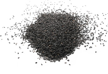 Black organic sesame seeds isolated on white background