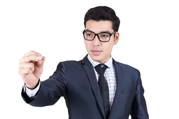 Asian Businessman show chart on White Background with Success feeling, Business presentration Concept, isolated on white background.