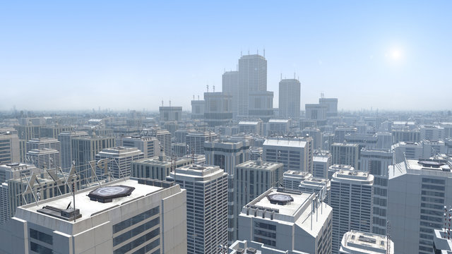 Aerial view of a futuristic city with skyscrapers.
