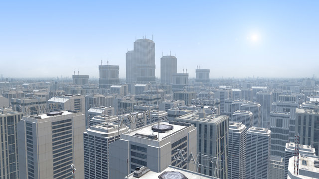 Aerial view of a futuristic city with skyscrapers.