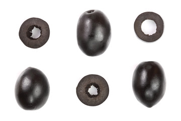 whole and sliced black olives isolated on white background. Top view. Flat lay
