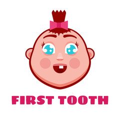  First tooth greetings card. Cartoon cute baby. Vector illustration