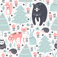 Vector seamless pattern with forest animals: fox, bear, rabbit, squirrel, hedgehog, owl in cartoon style.