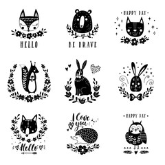 Vector set of cute animals: fox, bear, rabbit, squirrel, wolf, hedgehog, owl, cat. Illustrations for children's prints, greetings, posters, t-shirt, packaging.