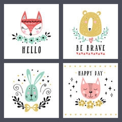 Vector set of cute animals: fox, bear, rabbit, cat. Illustrations for children's prints, greetings, posters, t-shirt, packaging. Cards with cute illustrations.