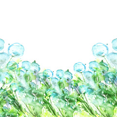 Naklejka premium Watercolor illustration, postcard, background. Wild flower dandelion, air dandelion, blue flowers, petals, leaves, grass, splash of paint. Abstract summer background. Flowering meadow, field