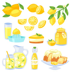 Lemon food vector lemony yellow citrus fruit and fresh lemonade or natural juice illustration set of lemon cake with jam and citric syrup isolated on white background