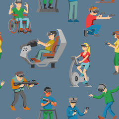 Virtual reality vector character gamer with vr glasses and person playing in virtuallization technology illustration set of people gaming in virtually game seamless pattern background