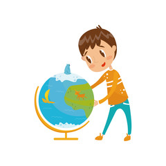 Fototapeta premium Boy learning geography with big school globe, preschool activities and early childhood education concept vector Illustration