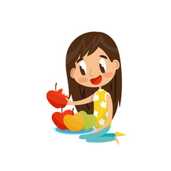 Cute brunette girl sitting on the floor and eating red apple vector Illustration on a white background