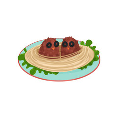 Creative spaghetti garnished with cutlets in the shape of birds vector Illustration on a white background