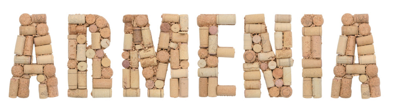 Word Armenia Made Of Wine Corks Isolated On White Background