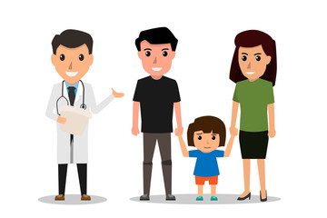 Family to see Doctor in hospital, infirmary, clinic. Character professional physician on workplace. Mother and her son with doctor. health care cartoon character vector illustration.