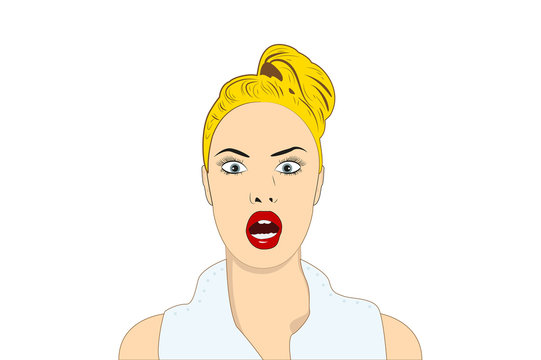 strongly surprised, emotional, beautiful girl on white background. pop-art style.