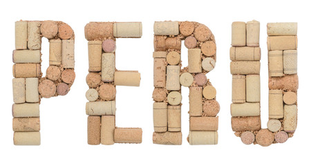 Word Peru made of wine corks Isolated on white background