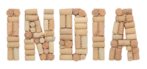 Word India made of wine corks Isolated on white background