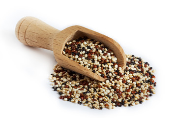 Mixed raw quinoa (Chenopodium quinoa). Red, black and white seeds in wooden scoop isolated on white background