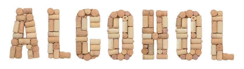 Word Alcohol made of wine corks on a white background. Isolated