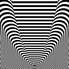Abstract black and white striped background. Geometric pattern with visual distortion effect. Illusion of rotation. Op art.