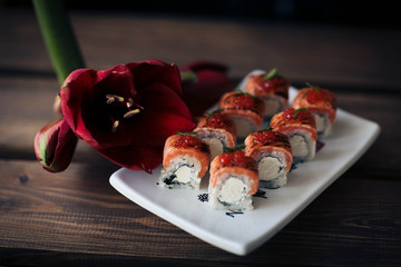 food, salad, meal, plate, fish, sushi, dinner, seafood, gourmet, salmon, healthy, tomato, fresh, delicious, lunch, cuisine, vegetable, restaurant, japanese, appetizer, white, green, snack, diet, dish