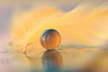 Orange marble ball with a feather still life