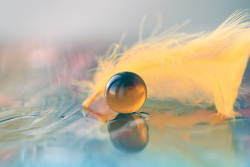 Orange marble ball with a feather still life