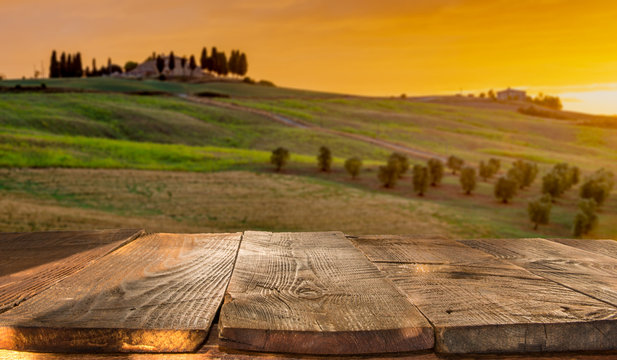 Wooden Planks With Italian Landscape On Background. Ideal For Product Placement