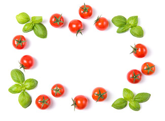 Beautiful frame made of fresh cherry tomatoes with basil leaves, isolated on white background, vegetable pattern, top view