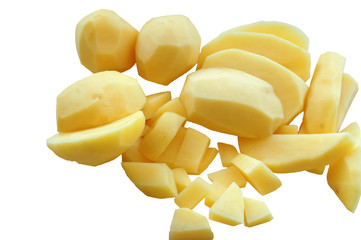 Cut potatoes into slices. Cut raw potatoes for soup. Cut fresh potatoes for cooking.