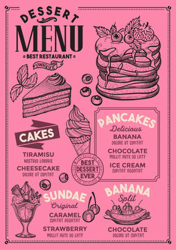 Dessert restaurant menu. Vector food flyer for bar and cafe. Design template with vintage hand-drawn illustrations.