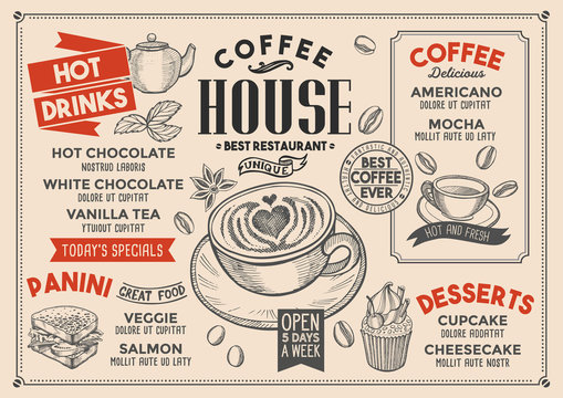 Coffee restaurant menu. Vector drink flyer for bar and cafe. Design template with vintage hand-drawn food illustrations.