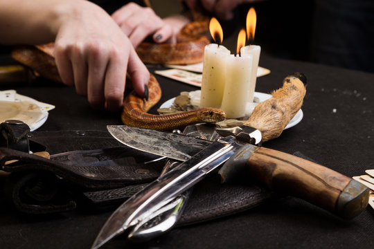 The snake climbs on the ritual knives