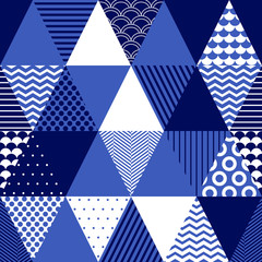 Blue and white textured triangles geometric abstract seamless pattern, vector