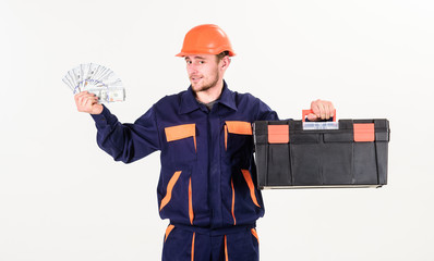 Man with toolbox isolated on the white background.
