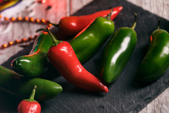 Fiesta: Colorful Jalepenos On Slate Cutting Board