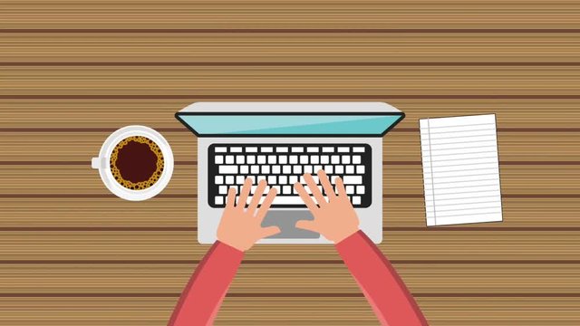 hand using laptop and blank paper coffee cup animation