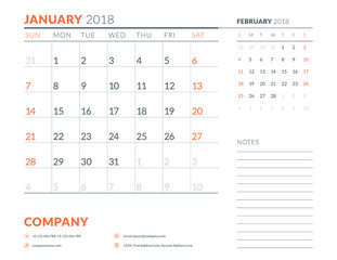 January 2018. Calendar planner design template. Week starts on Sunday. Stationery design