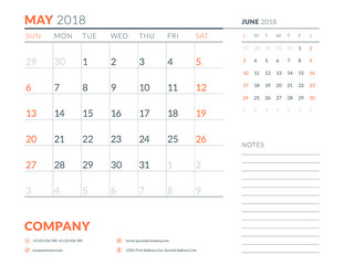 May 2018. Calendar planner design template. Week starts on Sunday. Stationery design