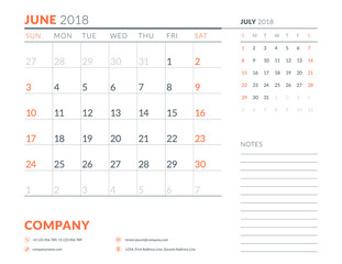 June 2018. Calendar planner design template. Week starts on Sunday. Stationery design