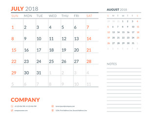 Jluly 2018. Calendar planner design template. Week starts on Sunday. Stationery design