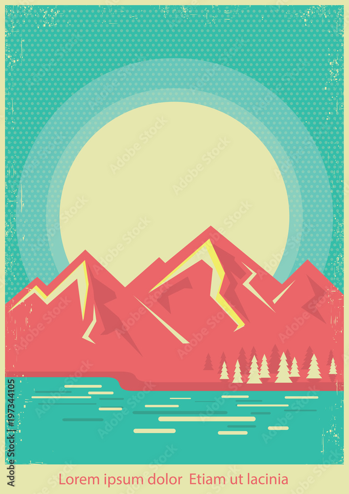 Wall mural mountain lake nature landscape on retro poster background