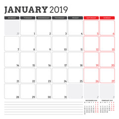 Calendar planner for January 2019. Week starts on Monday. Printable vector stationery design template