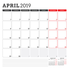Calendar planner for April 2019. Week starts on Monday. Printable vector stationery design template